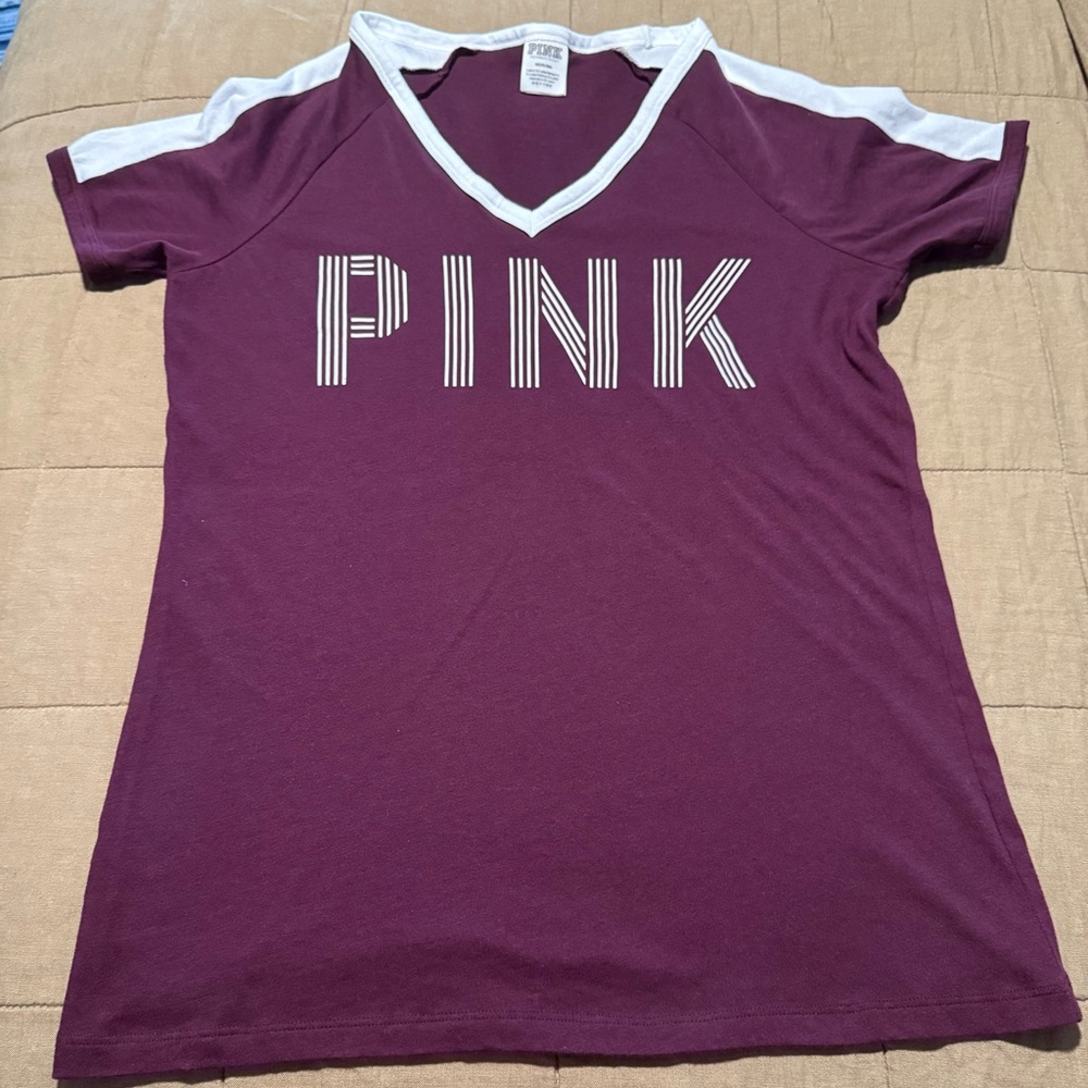 Vintage PINK Victoria's Secret V-Neck Maroon and White Tee Shirt, Size Medium
